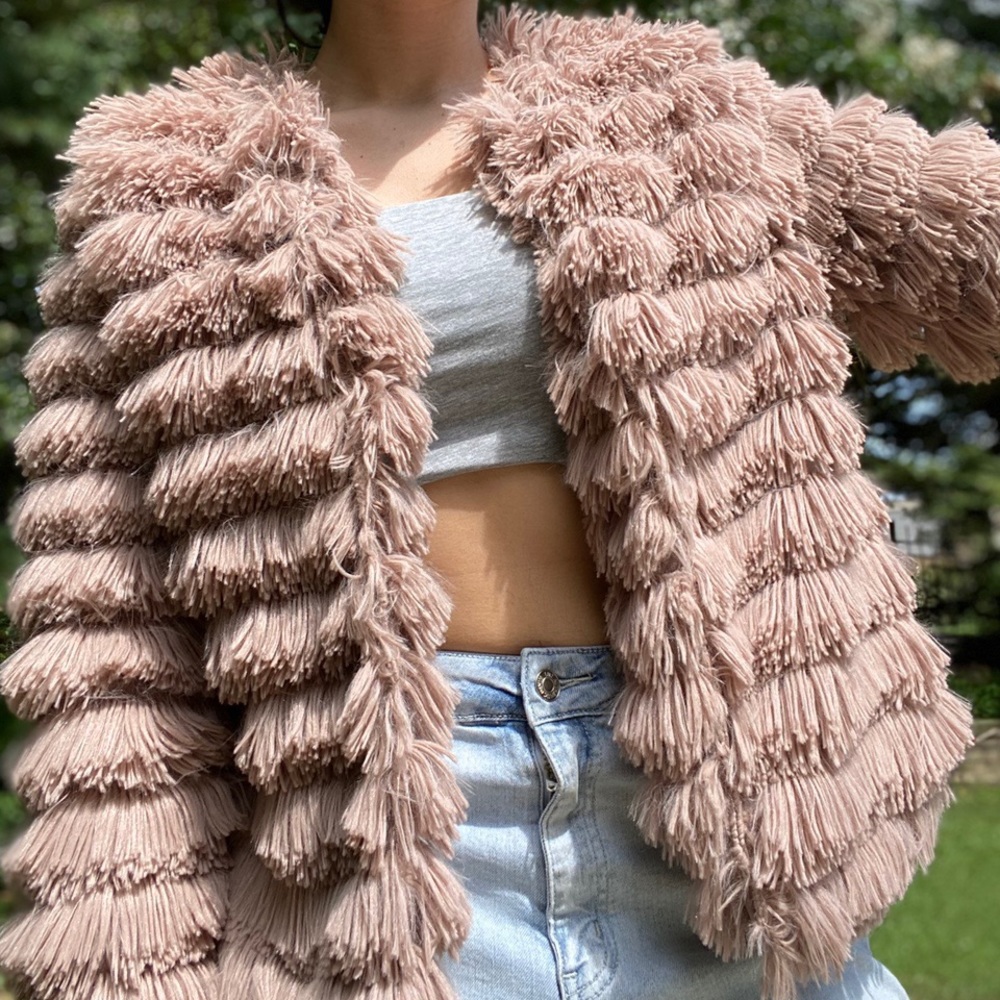 Dusty Rose Blush Pink Faux Fur Jacket, Size M